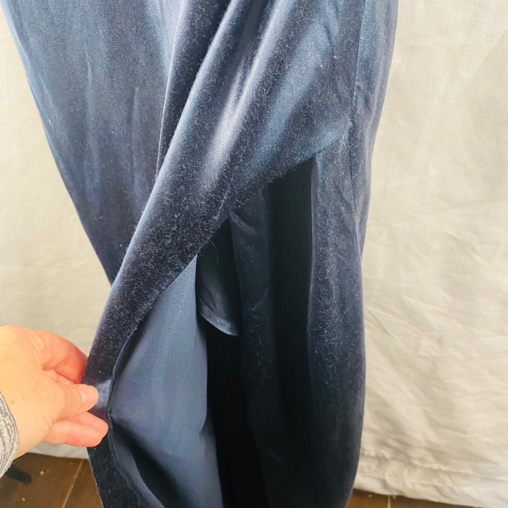 Bardot Navy Blue Satin Wrap Style Formal Dress 10/Large Leg Slit Maxi Bridesmaid - Picture 3 of 8